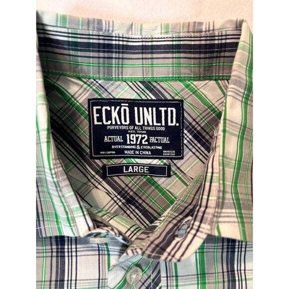 Ecko Unltd Mens Plaid Short Sleeve Button-Up Shirt Large Green/Gray - Picture 6 of 14